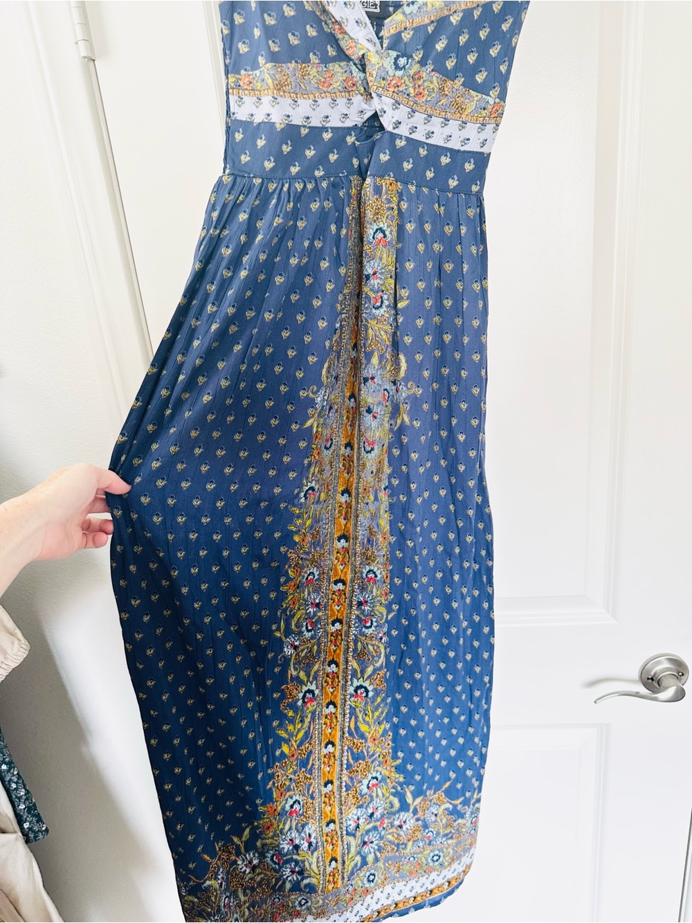 Angie Navy Paisley Border Print Maxi Dress | Boho Festival Cottagecore - Picture 2 of 6